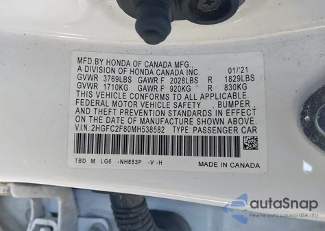 2021 Honda Civic Sport из США, поврежденный, VIN 2HGFC2F80MH538582